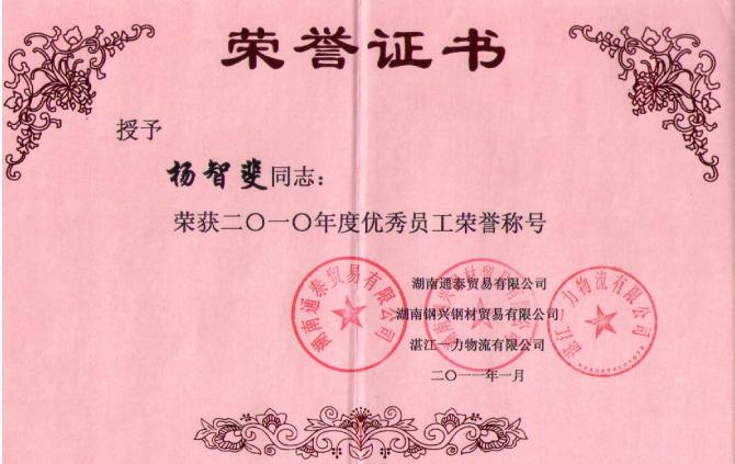 杨智斐 2010年度优秀员工荣誉证书
